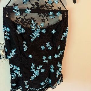 Cache Floral Embroidered Black blouse, pants and matching purse